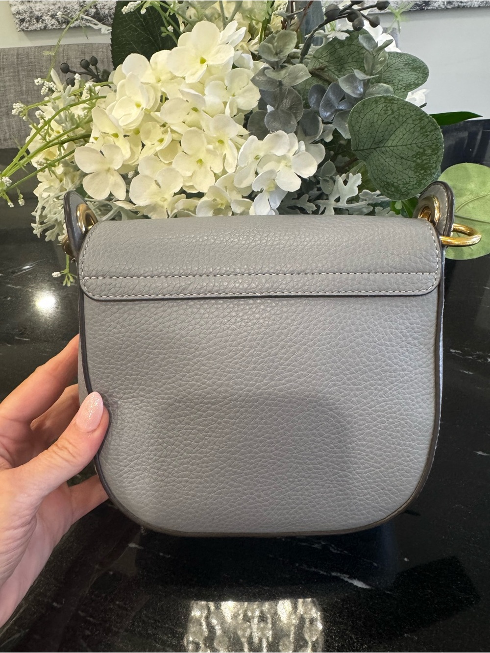 🩶COACH Gray Pebbled Leather & Suede Mini Saddle Bag with Gold Hardware - Picture 4 of 13
